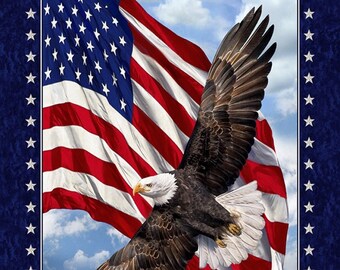 24"x44" Bald Eagle on American Flag Patriotic Cotton Fabric Panel - Timeless Treasures #CD7448-MULTI - Sold by the Panel