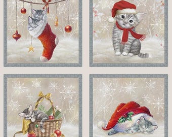 May include: A fabric panel featuring six square images of gray and white kittens in a winter scene. The kittens are wearing hats and scarves, and are near Christmas decorations. The background has snowflakes and a light beige color.