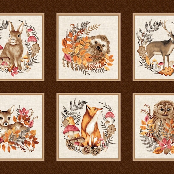 Brown Animal Blocks Quilting Cotton Fabric Panel from Foliage & Fur Coats by Beth Reed for Studio E - #7655S-33 - 24"x44" Fabric Panel