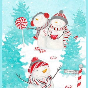 May include: Three snowmen standing in a snowy winter scene with candy canes and peppermint candies. The snowmen are wearing red and white striped hats and scarves. One snowman is holding a lollipop. The sign reads "Peppermint Lane".
