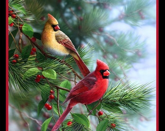 Birds & Berries Black Quilt Cotton Fabric Panel by Bradley Jackson Collection for Elizabeth's Studio - 40003E-BLACK - 24" x 44" Fabric Panel