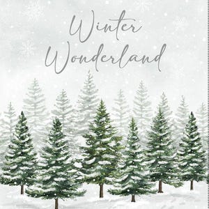 Może przedstawiać: Ilustracja o tematyce zimowej przedstawiająca zaśnieżony krajobraz z wiecznie zielonymi drzewami. Słowa „Winter Wonderland” są napisane kursywą. Płatki śniegu i ślady stóp dopełniają zimową scenerię.