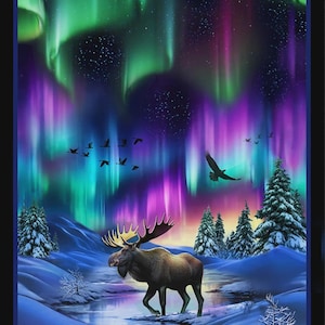 May include: A digital art print depicting a moose in a snowy landscape under the aurora borealis. The sky is filled with vibrant green, purple, and pink lights. Birds fly across the sky, and evergreen trees are scattered throughout the scene.