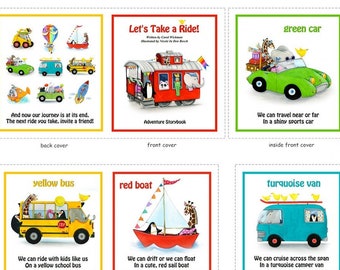 May include: A fabric panel featuring illustrations from a children's book titled "Let's Take a Ride!" with various vehicles like a yellow bus, red boat, and green truck. The panel includes text and colorful images.