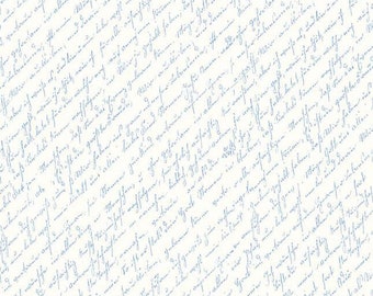 May include: Off-white fabric with a repeating pattern of light blue cursive script. The script is written in diagonal lines across the fabric. The fabric is marked with inches.