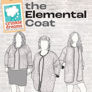 May include: A sewing pattern for a modular coat called "The Elemental Coat" by Crinkle Dreams. The pattern is designed for repurposed quilts, modern textiles, or with Crinkle Dreams Quilted Elements.