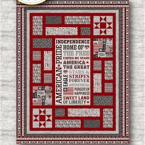 May include: A patriotic quilt with a red, white, and gray color scheme. The quilt features star patterns, text blocks with patriotic phrases, and the words "American Pride." It measures 70 x 90 inches.