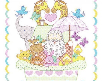 Noah&#39;s Ark Stamped for Cross Stitch & Embroidery Crib Quilt Top by Jack Dempsey Needle Art #4060-39 - 40” x 60&quot; Pre-printed Crib Quilt Top