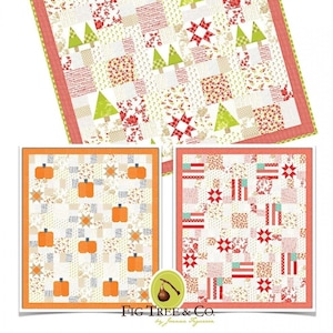 May include: A quilting pattern featuring three different seasonal designs: a Christmas tree quilt, a pumpkin quilt, and a quilt with red, white, and blue stars and stripes. The pattern is titled "Seasonal Patchwork" and is by Fig Tree & Co. by Joanna Figueroa.