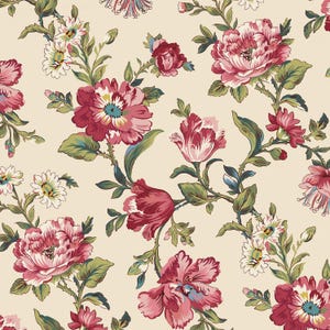 May include: A seamless pattern featuring pink and red flowers with green leaves on a cream background.