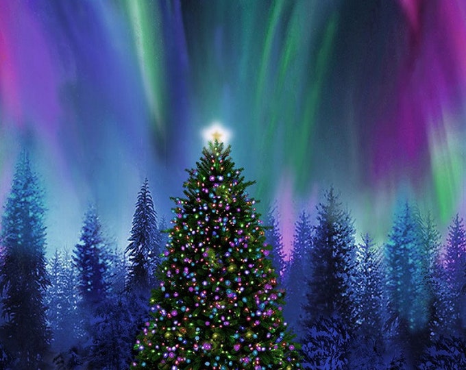 Christmas Tree Under Aurora Borealis Quilting Cotton Fabric Panel From ...