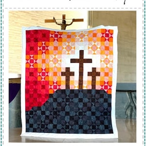 Peut inclure: Un patron de quilt intitulé "Lent / Good Friday" avec le texte "FAITH and Fabric". Le motif de la courtepointe présente trois croix sur un motif géométrique rouge, orange et noir. Le patron comprend trois tailles : 160cm x 183cm, 107cm x 122cm et 53cm x 61cm.