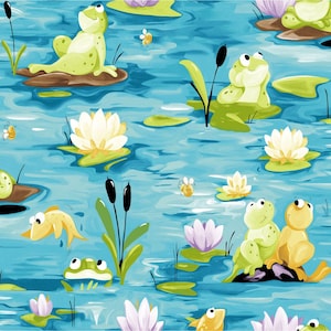 Paul&#39;s Pond Turquoise Allover Frogs Cotton Fabric - Susybee for Clothworks #SB20408-950 - Continuous 1/2 Yard