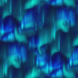 May include: Abstract digital art depicting a seamless pattern of the aurora borealis. The design features flowing bands of teal and blue hues, with scattered white specks resembling stars against a dark background. The artwork evokes an ethereal beauty.