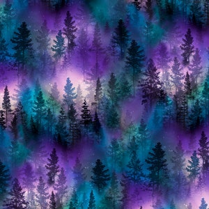 May include: A digital artwork depicting a forest scene with a dreamy, ethereal quality. Silhouetted evergreen trees in teal, purple, and black are set against a backdrop of swirling colours and a starry sky. The overall effect is a mystical, atmospheric landscape.