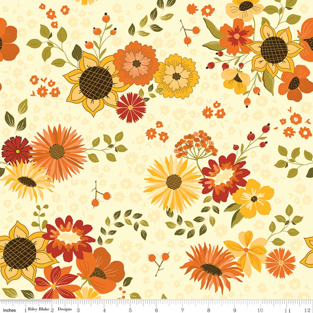 Fall's in Town Main Floral Cream Quilt Cotton Fabric by Sandy Gervais ...