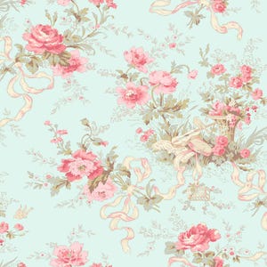 Charlotte Light Turquoise Cottage Floral Cotton Fabric - Clothworks #CY4611-100 - Continuous 1/2 Yard