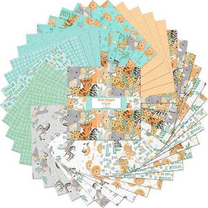 Puede incluir: Una colección de cuadrados de tela con estampados de animales de safari, incluyendo leones, elefantes y cebras. Las telas son en tonos de azul, naranja y gris. Algunos cuadrados tienen el texto "Be Unique" y "Be Proud".