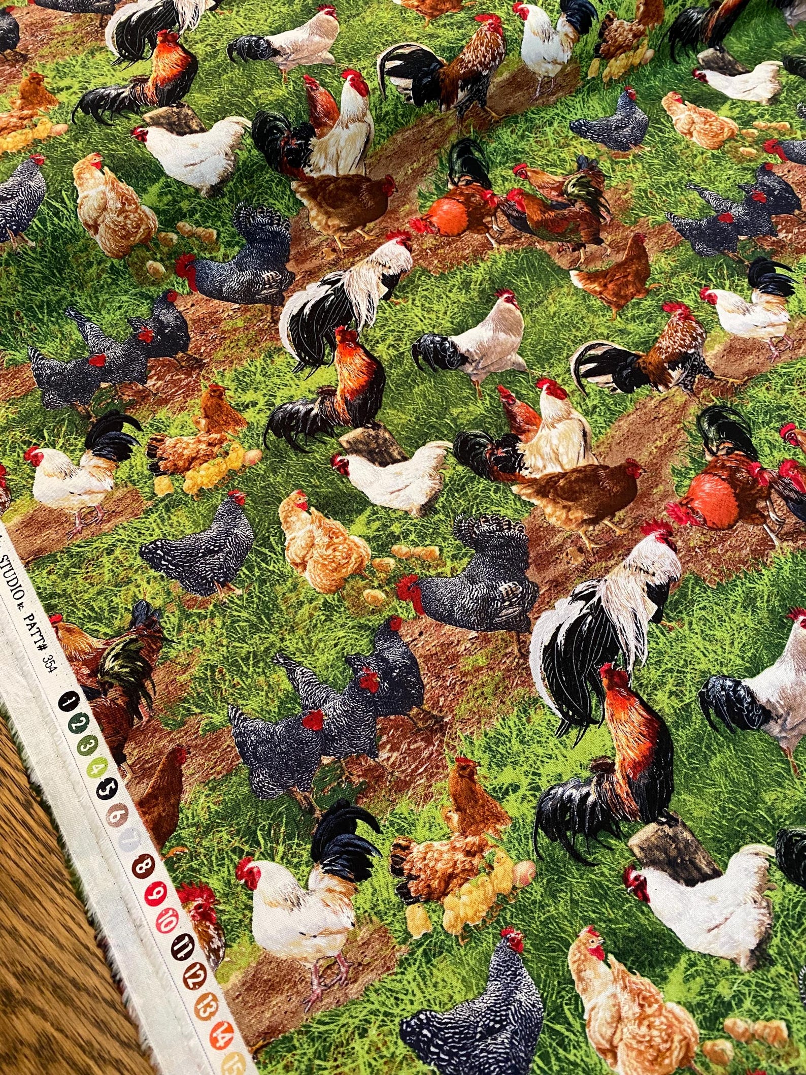 Scenic Rooster Chickens Cotton Fabric - Elizabeth's Studio #354E GREEN ...