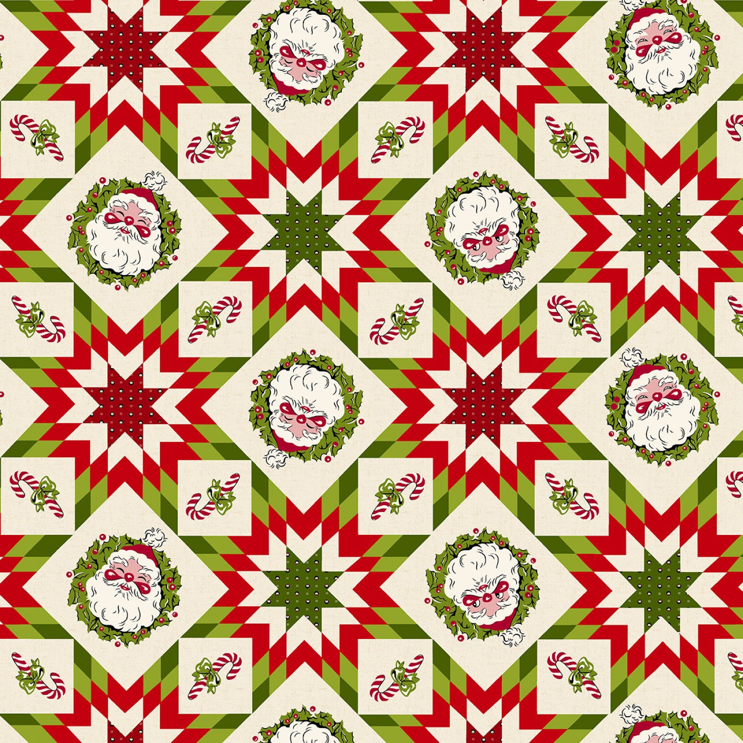 Red Patchwork Vintage Santa Quilt Cotton Fabric from My Childhood Christmas by Stacy West - Henry Glass & Co #1406-86 - Continuous 1/2 Yard