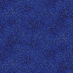 May include: A seamless fabric pattern in shades of blue, featuring a repeating design of swirling vines and small leaf shapes. The pattern has a textured appearance, with darker blue accents creating depth and dimension. This textile is suitable for various crafting projects.