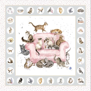 Whiskers & Paws Cats Grey Quilt Cotton Fabric Panel by Hannah Dale Collection for Maywood Studio #MAS10410M-K - 27&quot; x 44&quot; Fabric Panel