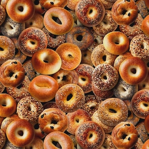 May include: A dense collection of assorted bagels, including plain golden-brown varieties and others topped with poppy seeds, sesame seeds, and various grains. The bagels are arranged in a tight, overlapping pattern, filling the entire frame.