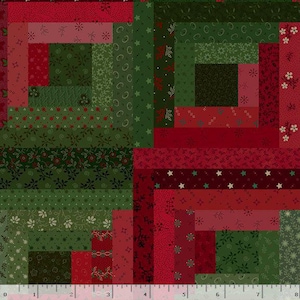 May include: A patchwork fabric with a log cabin design. The pattern features alternating blocks of red and green fabrics, some with floral and star patterns. The color palette includes shades of red, green, and a touch of pink.