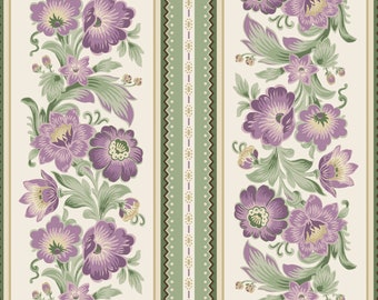 Coton matelassé crème à rayures florales lilas sauge - Collection Vivienne by Carrie Quinn - Tissus Marcus - R100802D-CREAM - 1/2 yard continu