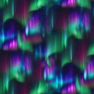 May include: Abstract digital art depicting a seamless pattern of the aurora borealis. The design features vibrant streaks of green, purple, and blue light against a dark, starry backdrop. The flowing, ethereal forms create a dynamic and visually captivating effect.