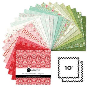 Può includere: Una pila di 42 quadrati di tessuto, ciascuno di 25,4 cm per 25,4 cm, disposti a ventaglio. La collezione presenta vari motivi in rosso, bianco, verde e azzurro, con disegni floreali e di fiocchi di neve. Un'etichetta riporta 10 x 10.
