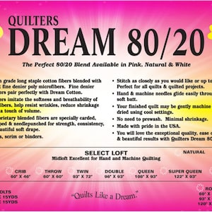 Może przedstawiać: Różowo-żółta reklama wypełnienia Quilters Dream 80/20. Tekst opisuje mieszankę bawełny i mikrofibry, jej zalety oraz rozmiary dla różnych rodzajów kołder, w tym Craft (117cm x 91cm) i King (309cm x 305cm).