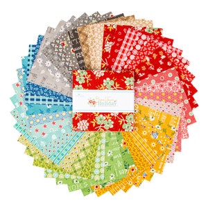 May include: A pack of 42 fabric squares, each measuring 5 inches by 5 inches, featuring a variety of holiday-themed patterns in red, green, blue, yellow, and white. The pack is labelled "Home Town Holiday".