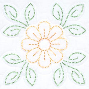 May include: White fabric square featuring a central flower and four surrounding leaves, all embroidered with cross-stitch. The flower has a yellow center and white petals, while the leaves and stems are green. The design is symmetrical and centered on the fabric.
