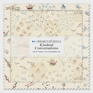 May include: A stack of fabric squares with a repeating pattern of whimsical illustrations in beige, red, and blue. The fabric features images of ships, musical instruments, and sports equipment. The text "MARCUS Fabrics Kindred Conversations" is visible.