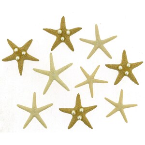 May include: Nine beige starfish with pearl accents. The starfish are arranged in a circular pattern on a white background.