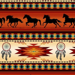 May include: A seamless pattern featuring a repeating design of Native American inspired geometric shapes in shades of red, orange, yellow, blue, and black. The pattern includes dreamcatchers with feathers, arrows, and silhouettes of horses running across a red background.