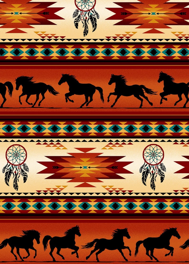 May include: A seamless pattern featuring a repeating design of Native American inspired geometric shapes in shades of red, orange, yellow, blue, and black. The pattern includes dreamcatchers with feathers, arrows, and silhouettes of horses running across a red background.