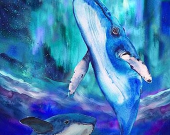 Pannello in tessuto di cotone Whale Song Northern Lights da 25"x44" - Hoffman Fabrics #X5688-532 AURORA - Venduto al pannello
