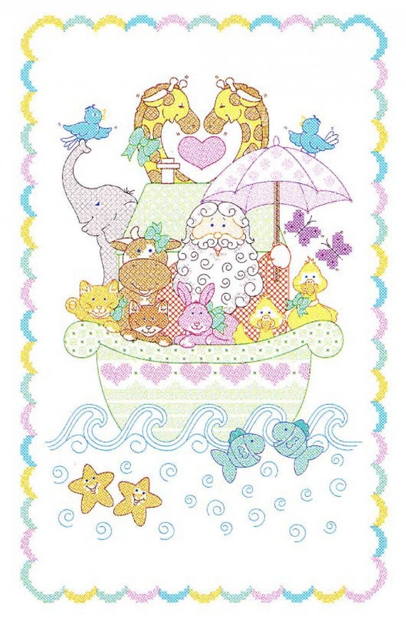 Noah's Ark Stamped for Cross Stitch Embroidery Crib Quilt Top by