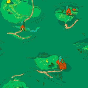 Buttercup Scenic Map on Grass Quilt Cotton Fabric from West Hill by Heather Ross for Windham Fabrics - 52873-2 - Continuous 1/2 Yard