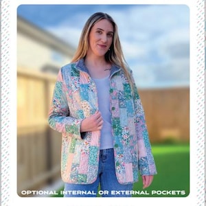 May include: A patchwork jacket with floral and geometric patterns in pastel colors. The jacket has a button closure and is worn by a person. The text "LAURA JACKET" is at the top of the image, with additional text below.
