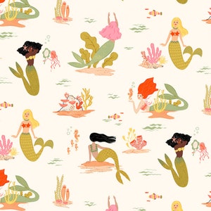 Mermaids from Seafarer by Faye Guanipa for Dear Stella Collection - #DFG2710-VANILLA - Continuous 1/2 Yard