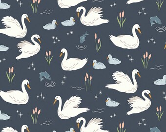Little Swan Main Navy Quilt Cotton Fabric - Sandra Nygård-Parthoens of Little Forest Atelier - Riley Blake #C13740NAVY - Continuous 1/2 Yard