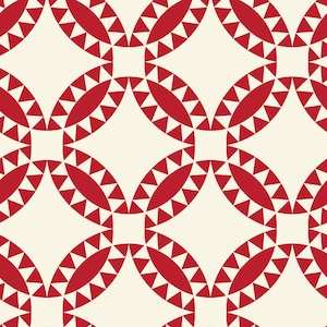 Pode incluir: Um padrão sem costura com círculos e triângulos vermelhos e brancos. Os círculos são delineados com triângulos brancos e os triângulos são delineados com círculos vermelhos. O padrão está sobre um fundo creme.