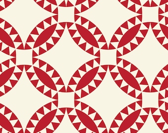 May include: A seamless pattern with red and white circles and triangles. The circles are outlined with white triangles and the triangles are outlined with red circles. The pattern is on a cream background.