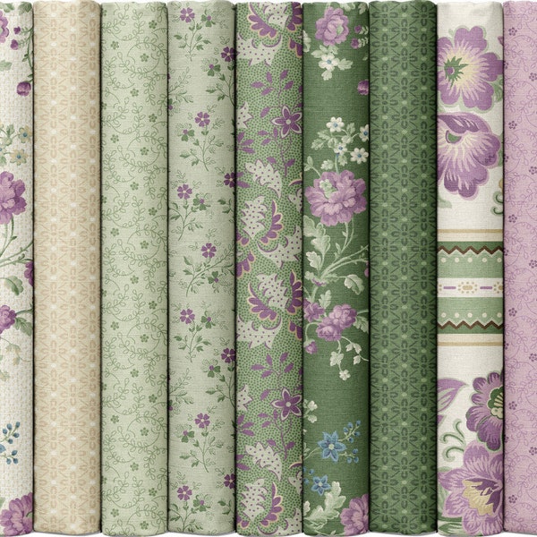 Lot de 15 tissus en coton courtepointe de la collection Vivienne by Carrie Quinn pour Marcus Fabrics - Ligne complète - Fleurs violettes et vertes