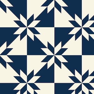 May include: A seamless pattern with a geometric design featuring white stars on a dark blue background. The stars are made up of triangles and are arranged in a repeating pattern.