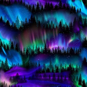 May include: A seamless pattern featuring a vibrant depiction of the aurora borealis. The design showcases a dark forest silhouette against a backdrop of swirling blues, greens, purples, and pinks, with scattered stars.