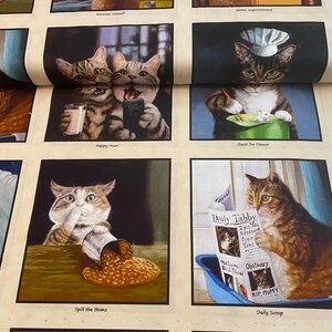 May include: A set of nine fabric squares featuring humorous illustrations of cats in various situations. The illustrations include cats drinking coffee, reading a newspaper, spilling beans, and wearing a chef's hat. The text on the squares includes "Happy Hour", "Spill the Beans", "Guest for Dinner", "Daily Tabby", "RIP Muffy", and "Daily Scoop".